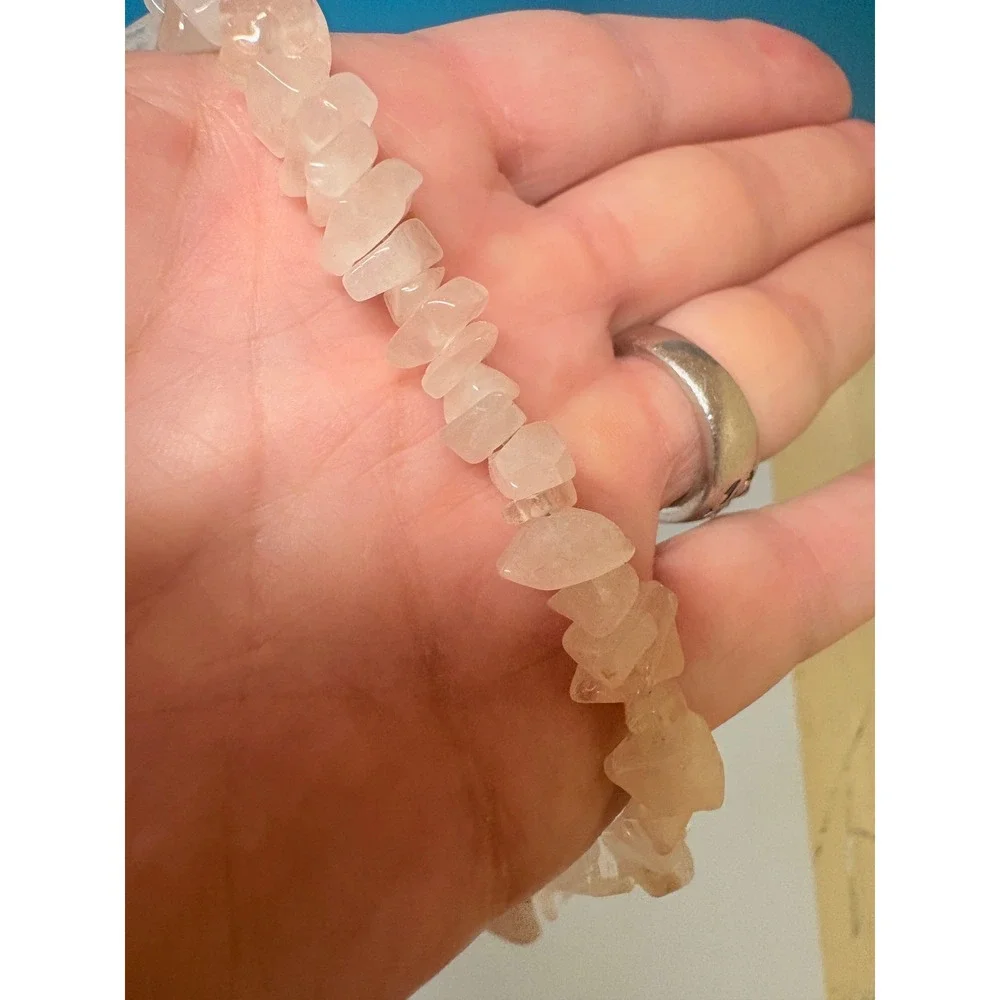 Rose Quartz Chip Bead Necklace with Large‎ Slab Pendant Toggle Clasp Pink Silver